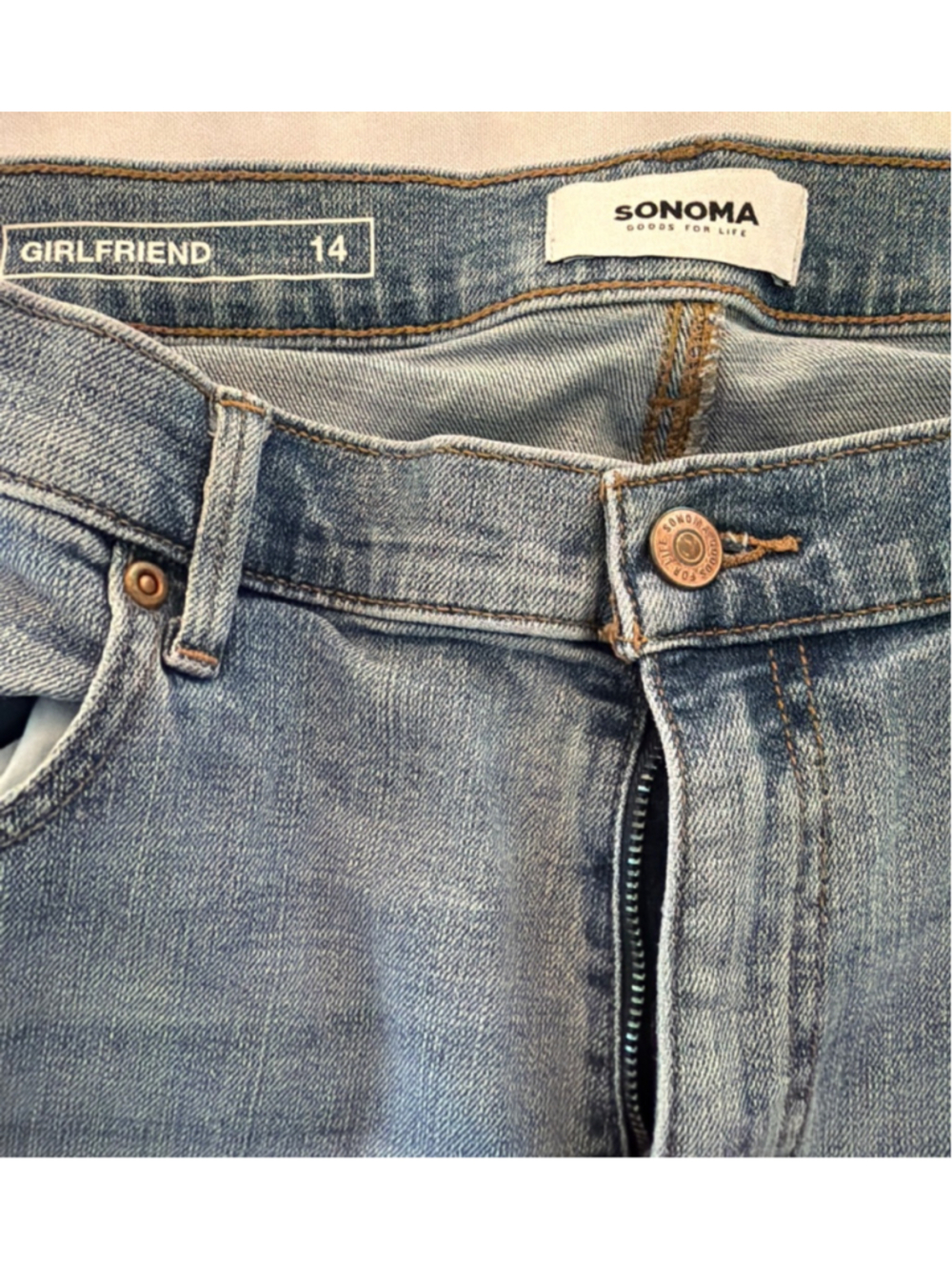 Women's Sonoma Blue Patchwork Girlfriend Jeans Size 14 Baggy Straight Leg - Picture 2 of 6